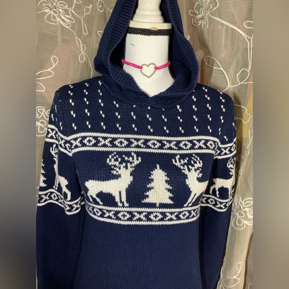 Old Navy Kids Reindeer Blue and White Knit Hooded Sweater - Picture 2 of 8